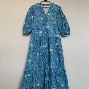 Hampton House Blue Floral Block Print Tiered Maxi Dress
